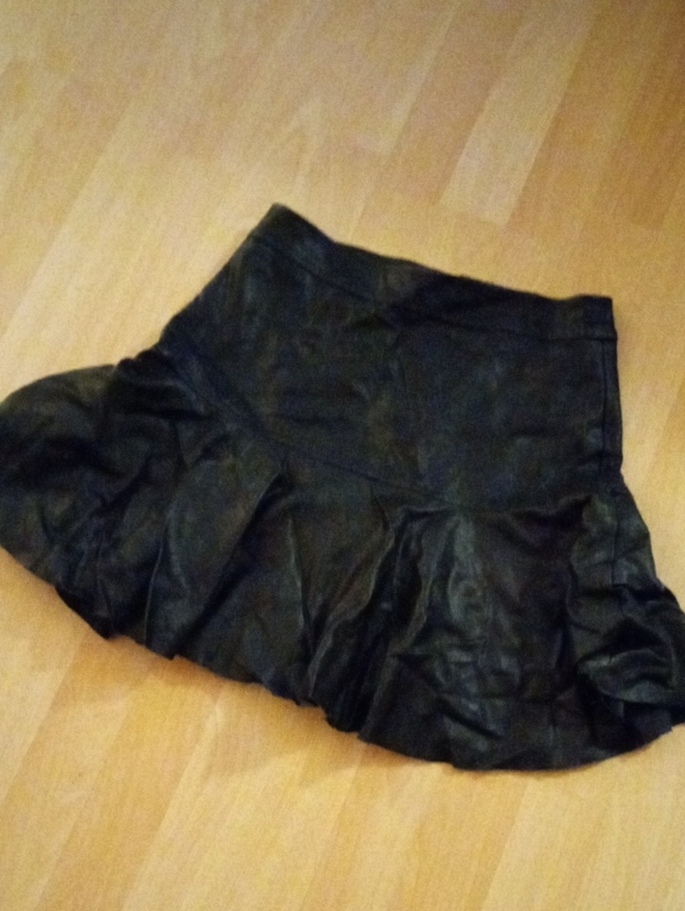 $10>>Black Leather Ruffle Mini Skirt